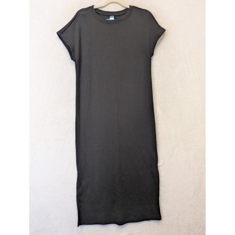 Old Navy Women's Size S Ribbed Knit Maxi Dress Black Short Sleeve Side Slit‎